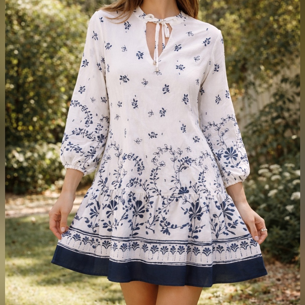 Rachel Zoe Blue White Floral Long Sleeve Drop Waist Ruffle‎ Mini Dress Small NWT